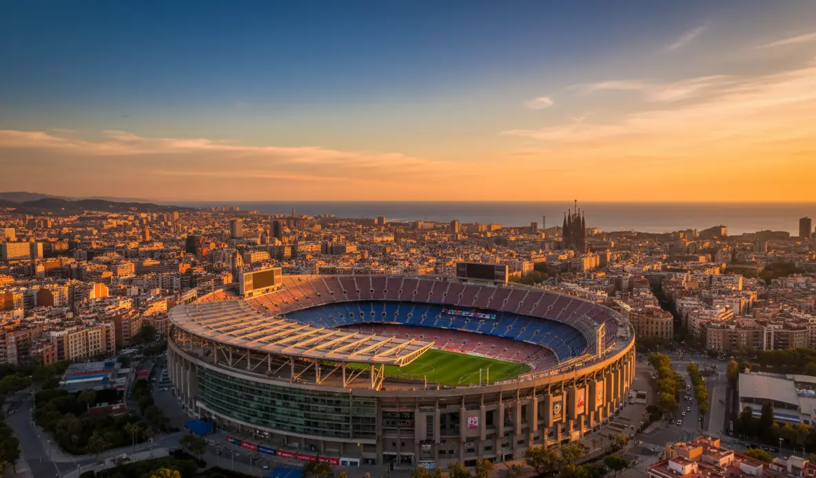 Football stadium at sunset with Barcelona’s Sagrada Família in the distance.