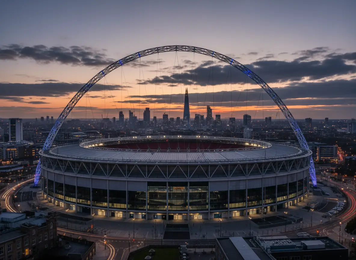 Wembley Stadium's arch at dusk with the London skyline behind.