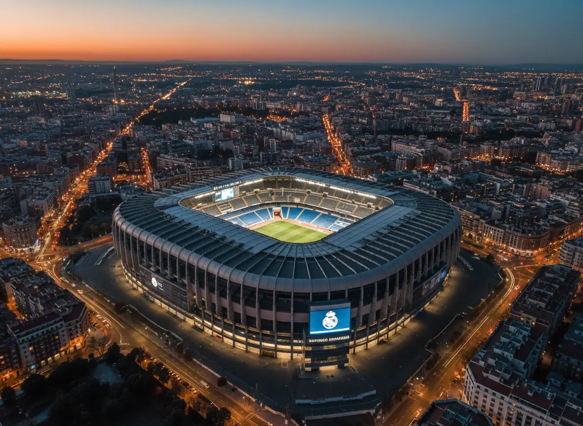 Santiago Bernabéu stadium lit up at dusk in Madrid.