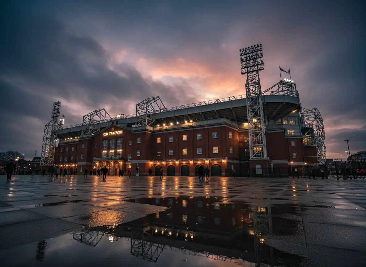 Old Trafford stadium exterior at dusk, home of Manchester United.