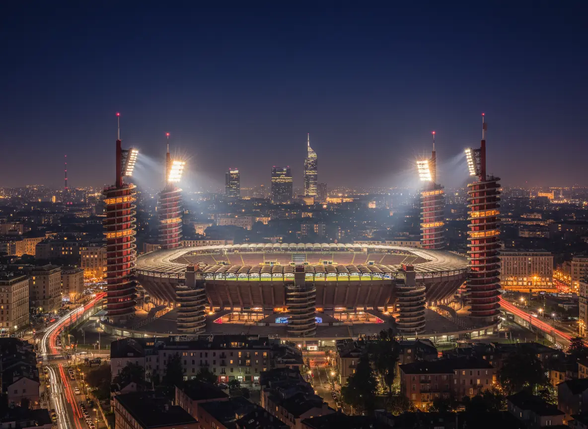 San Siro stadium lit up at night with the Milan skyline behind.